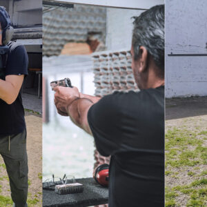 Imagen de tres personas usando armas de fuego: una carabina de calibre .22, una escopeta de acción de bombeo y una pistola 9mm con un kit de conversión. El conjunto representa el equipo utilizado en un curso de introducción al tiro que cubre diferentes tipos de armas.