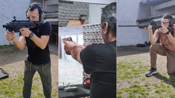 Imagen de tres personas usando armas de fuego: una carabina de calibre .22, una escopeta de acción de bombeo y una pistola 9mm con un kit de conversión. El conjunto representa el equipo utilizado en un curso de introducción al tiro que cubre diferentes tipos de armas.